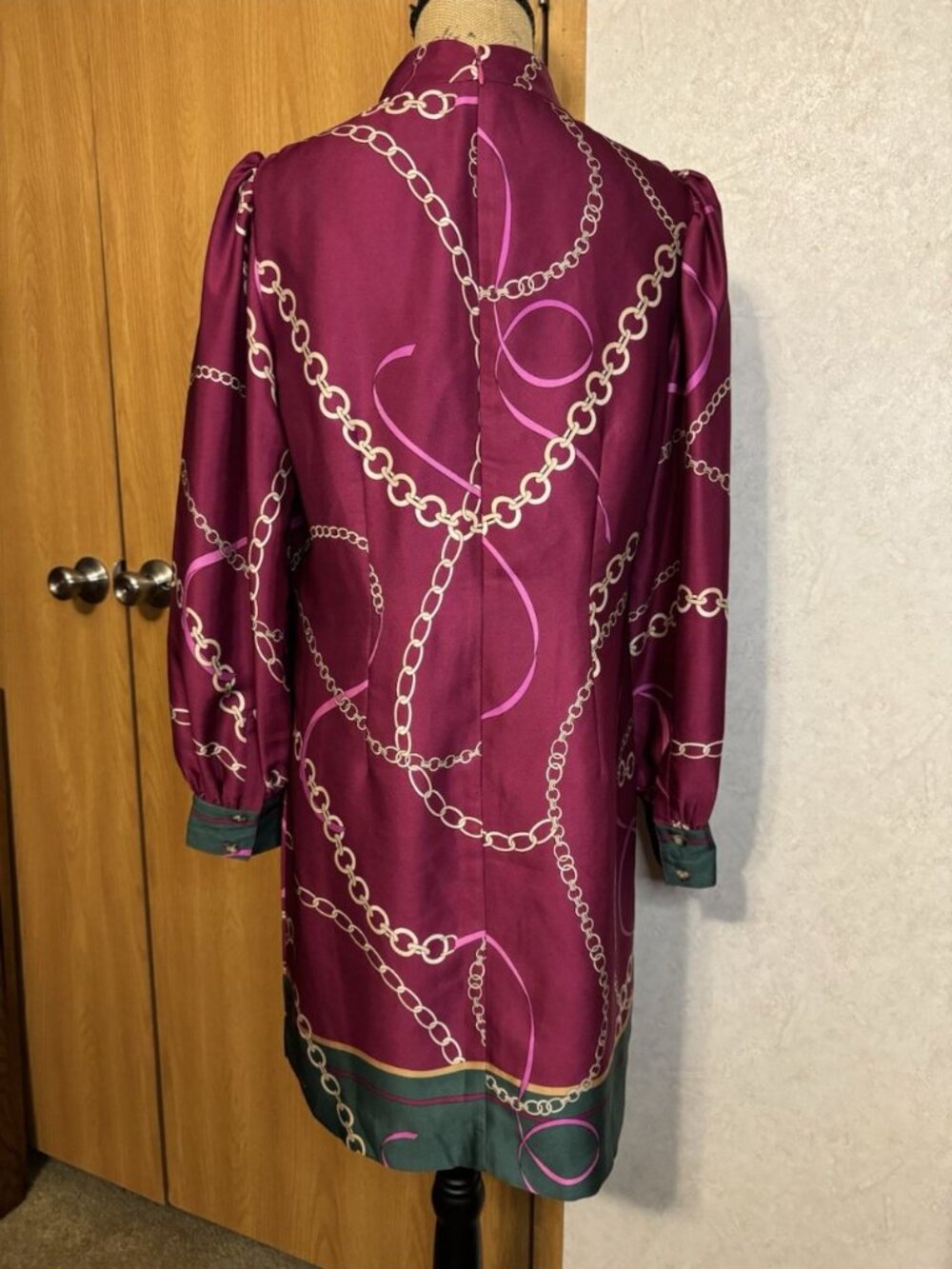 ANN TAYLOR Chain Print Tunic Dress Satin Puff Sleeve MEDIUM Quiet Lux Office - Picture 3 of 10